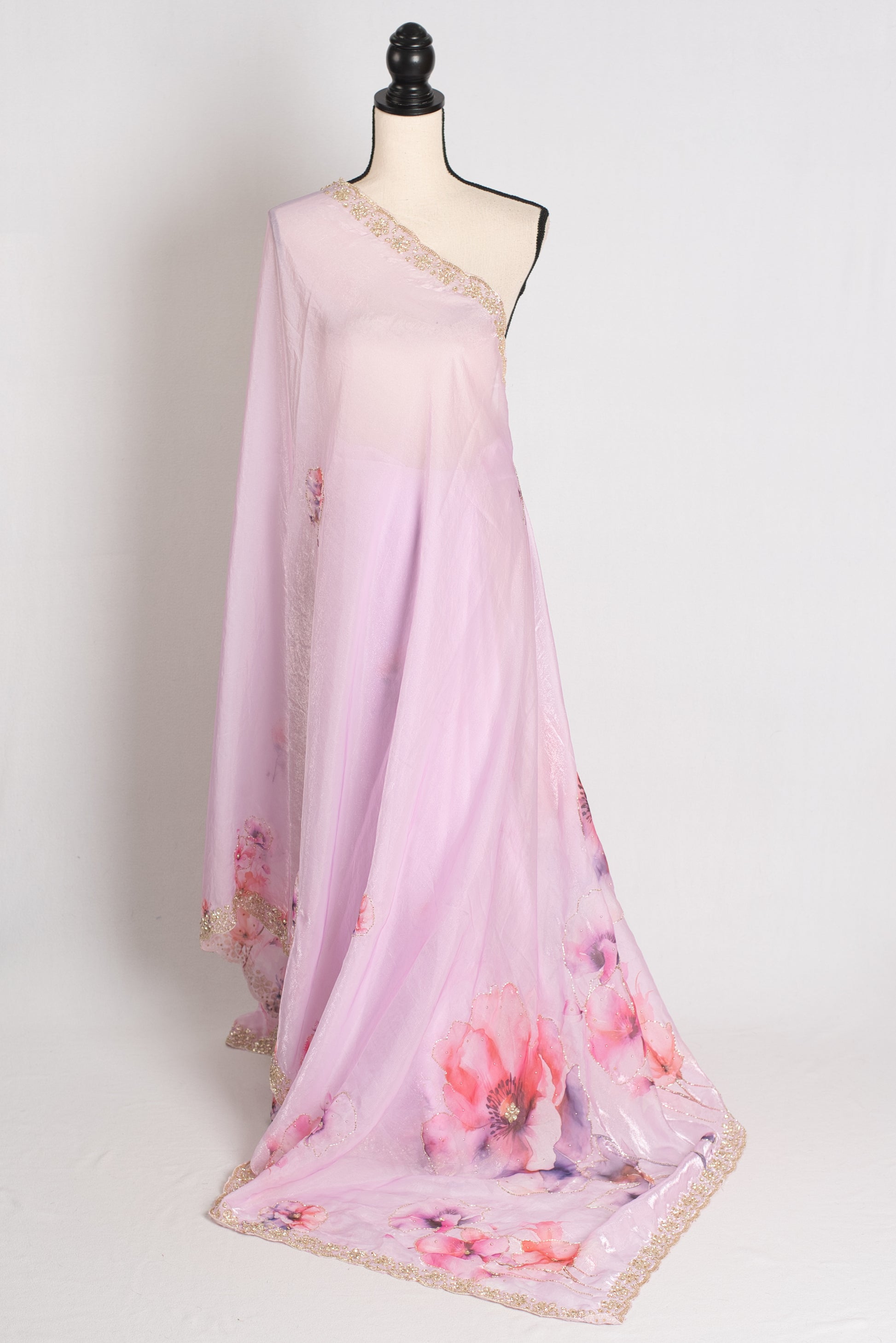 Ishq : Lavender Printed Glass Tissue Saree with Hand Embroidery Border image 1