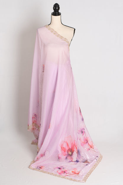 Ishq : Lavender Printed Glass Tissue Saree with Hand Embroidery Border image 1