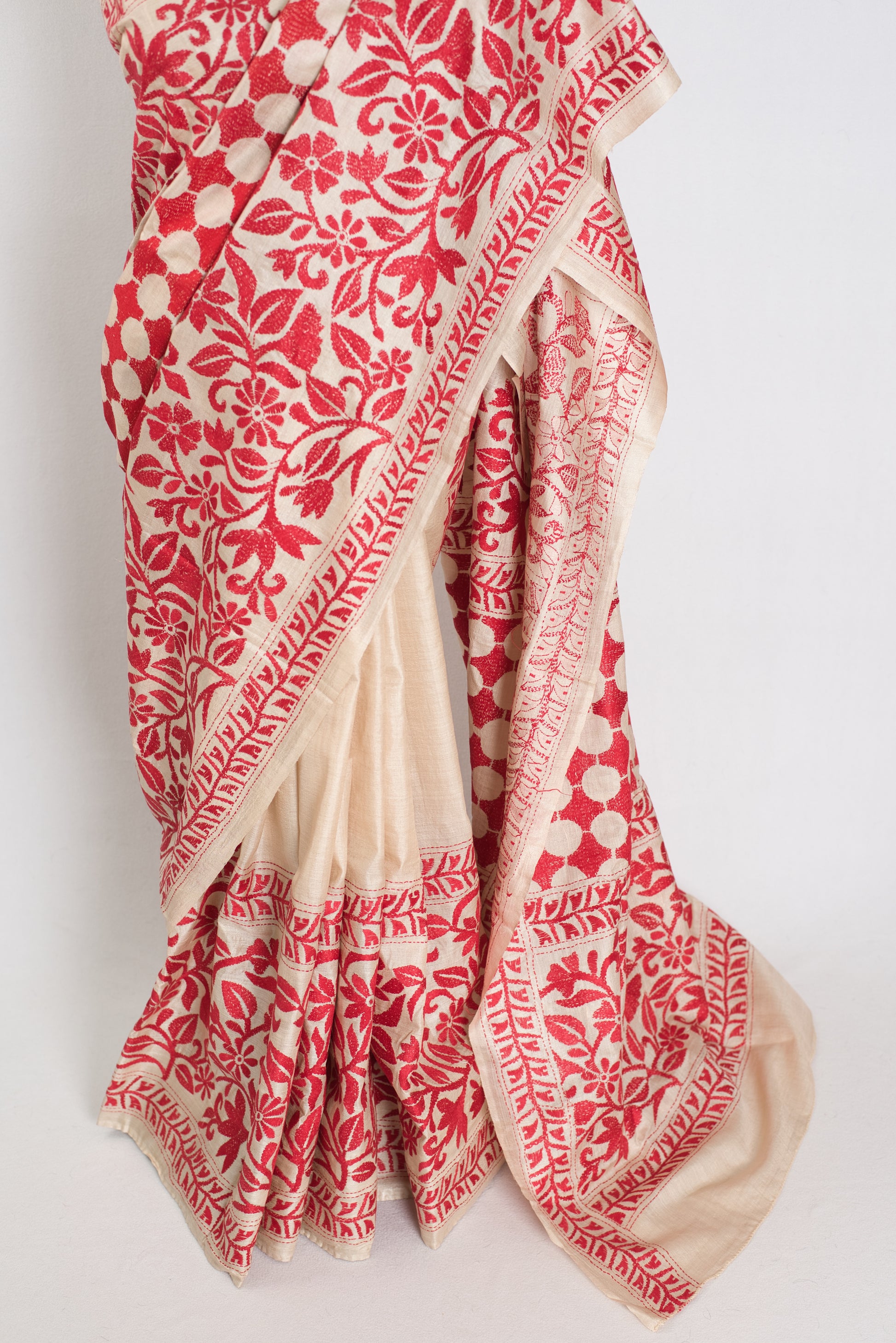 Ahiri | Beige and Red Kantha Stitch Gachi Tussar Silk Saree image 7