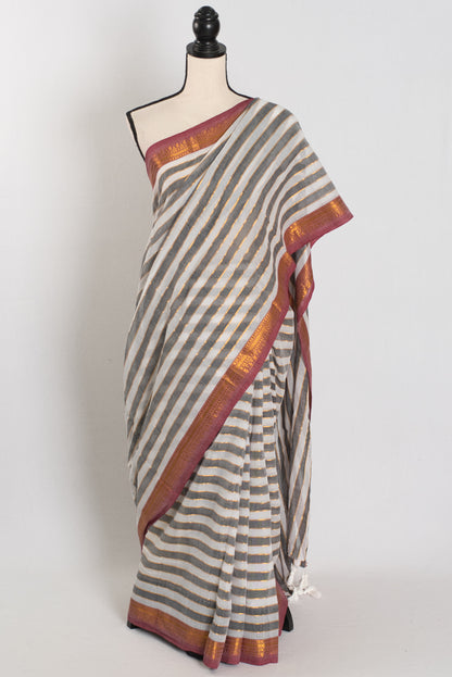Iti: White & Gray Horizontal Striped Mulmul Cotton Saree | Lightweight Handloom image 0