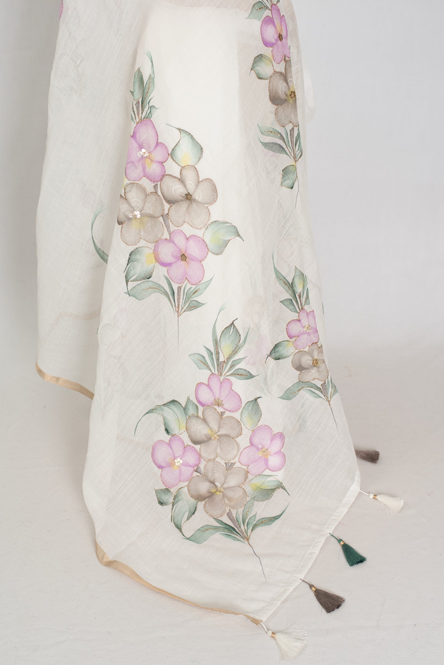 Sree | White Hand-Painted Cotton Saree | Floral Embroidery Highlights image 3