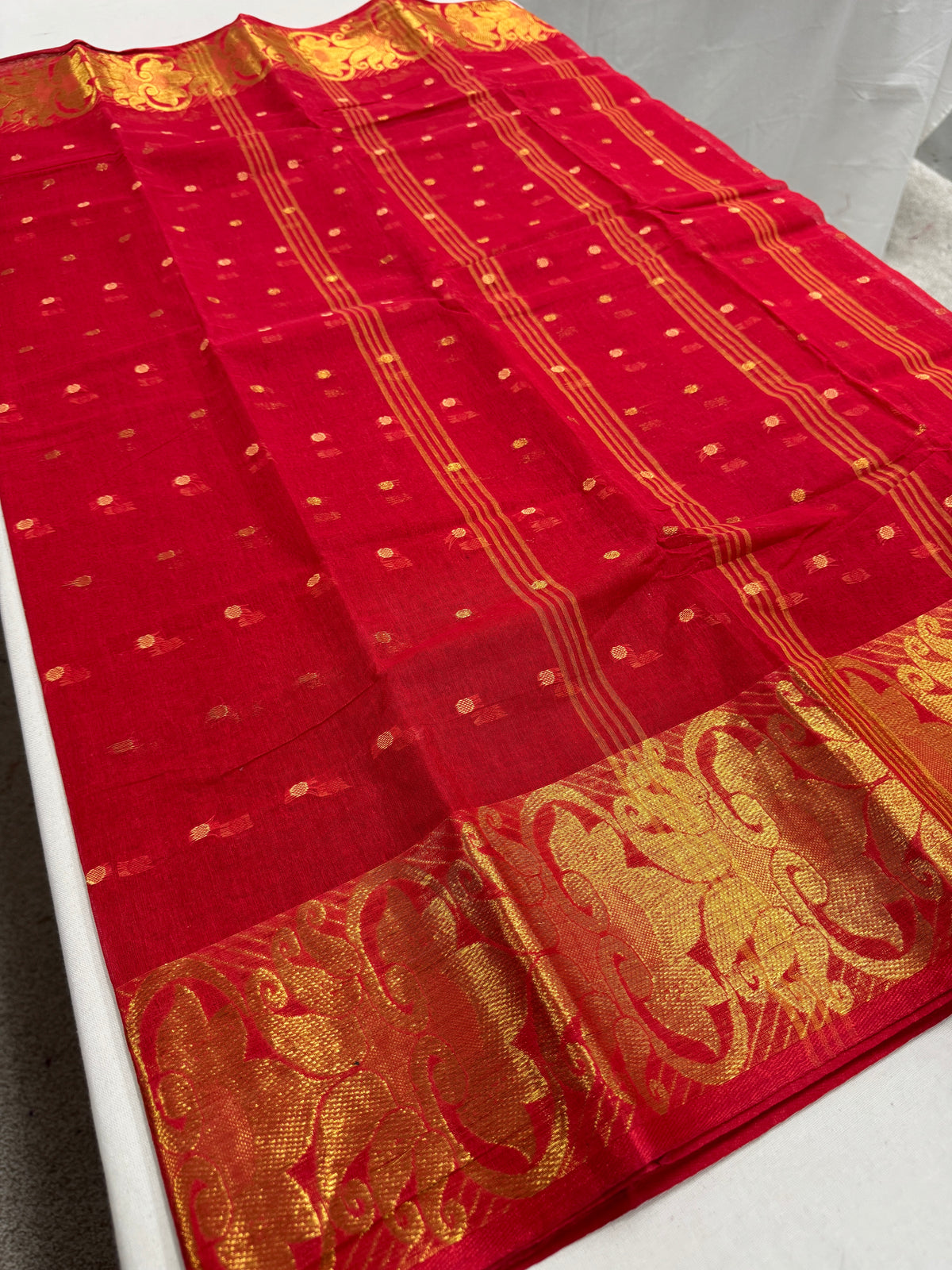 Crimson Red and Gold Tant saree — drape view