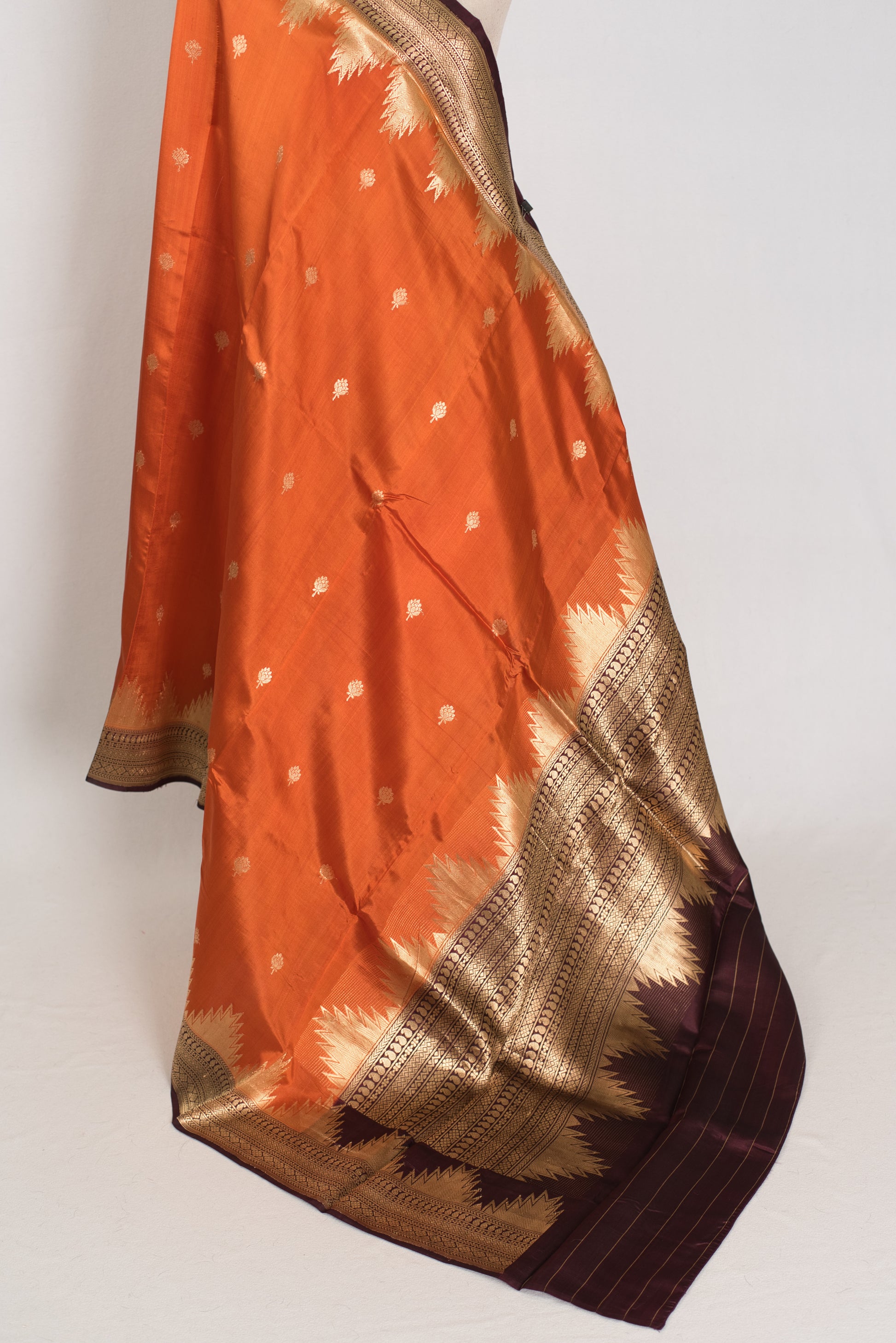 Bina: Rust Orange Pure Silk Banarasi Saree with Temple Border image 3