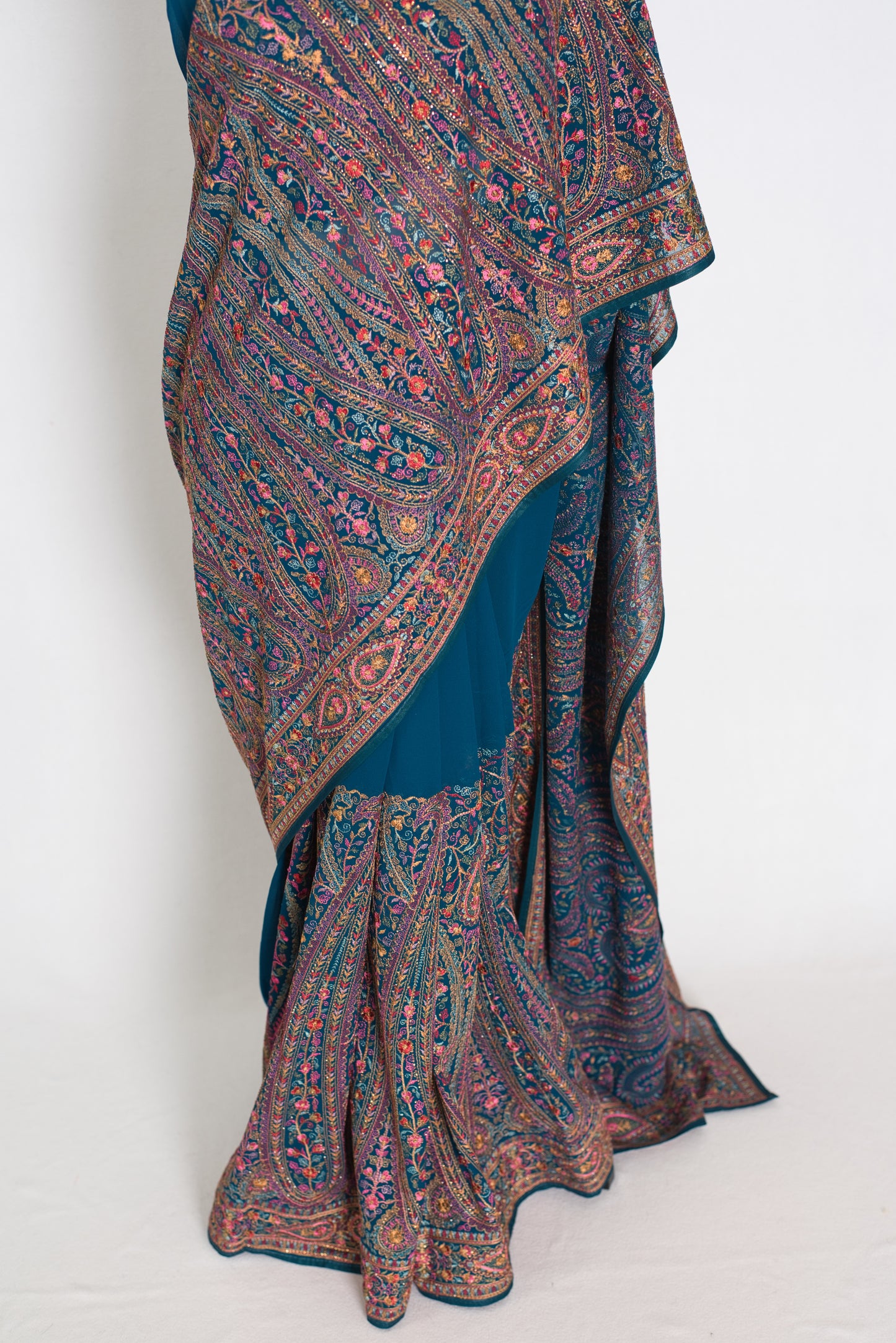 Mira | Cobalt Blue Georgette Saree | All-Over Multicolor Kashmiri Embroidery image 5
