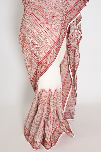 Koli | White and Red Georgette Saree | Lightweight Festive Partywear image 7