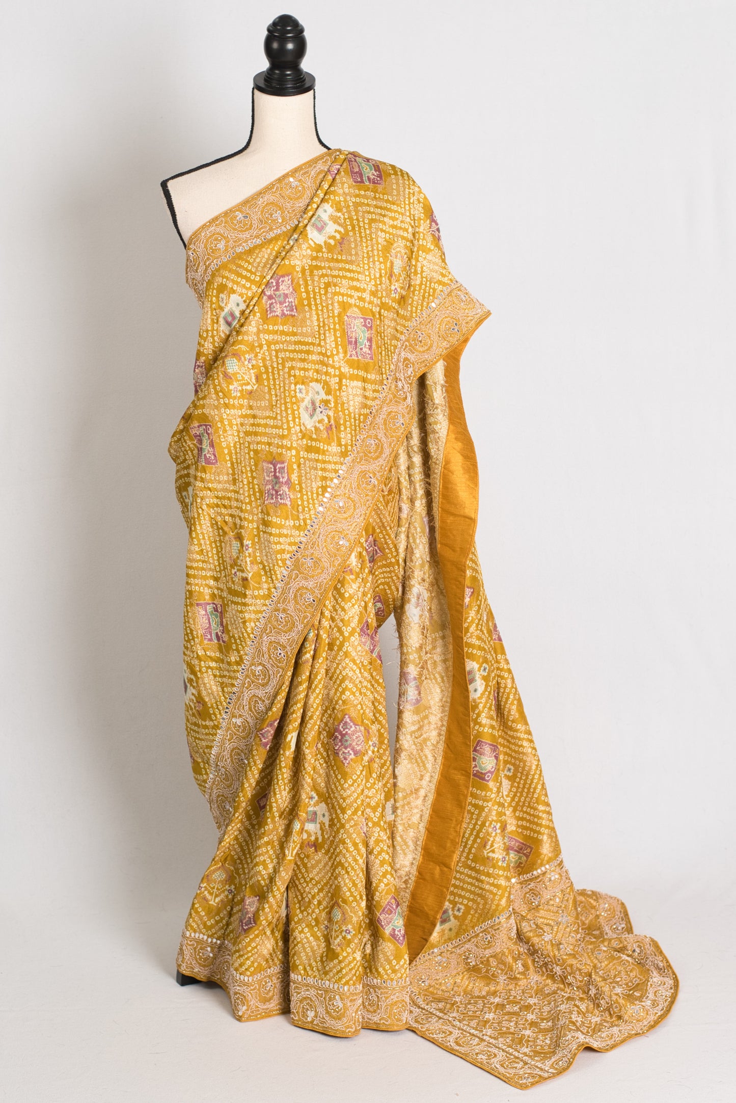 Hiya : Hand Embroidered Petai Zardosi Mirror Work Bandhani Saree in Yellow image 0