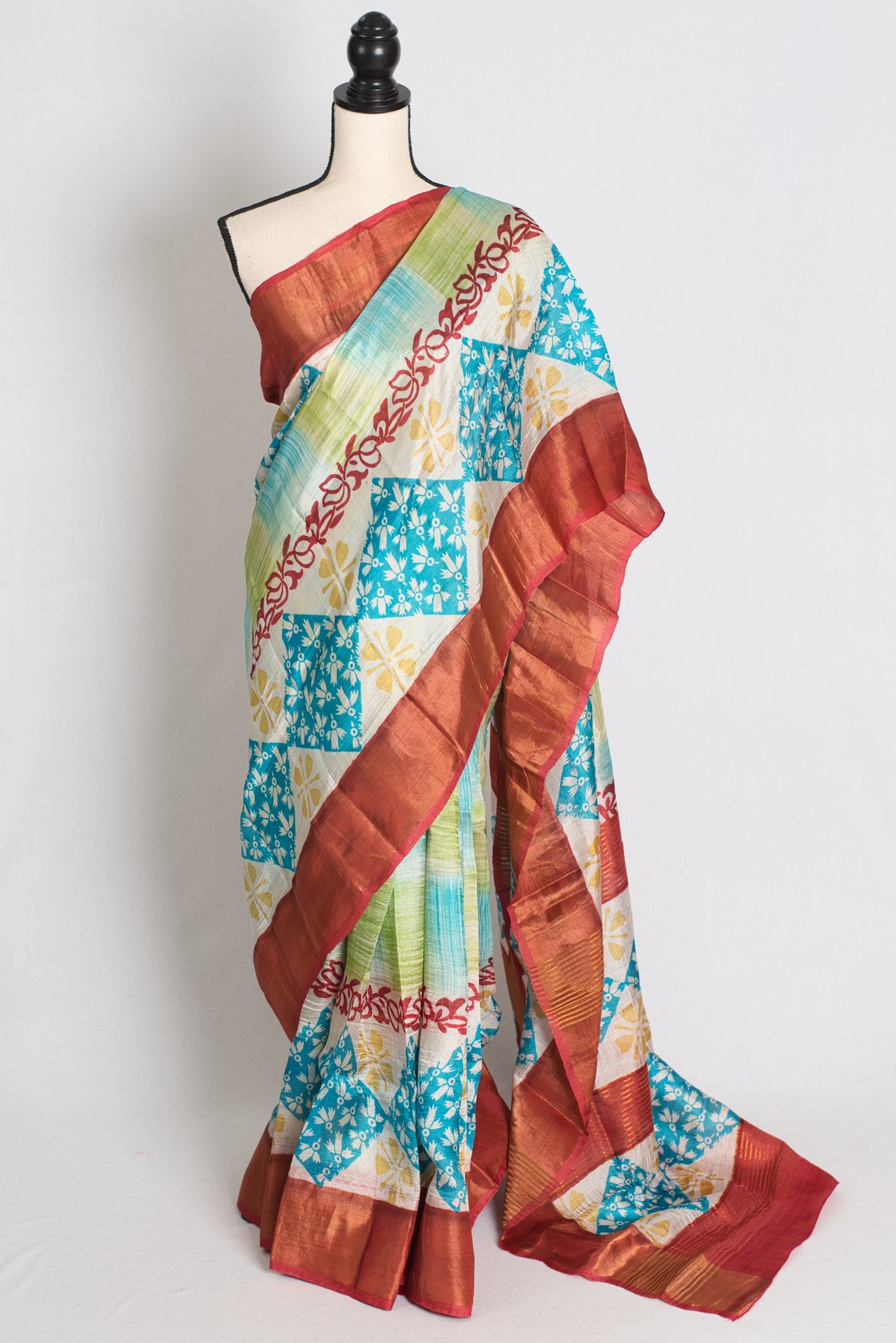 Sri : Hand Block Printed Matka by Tussar Silk Saree in Multi-Color Prints image 0