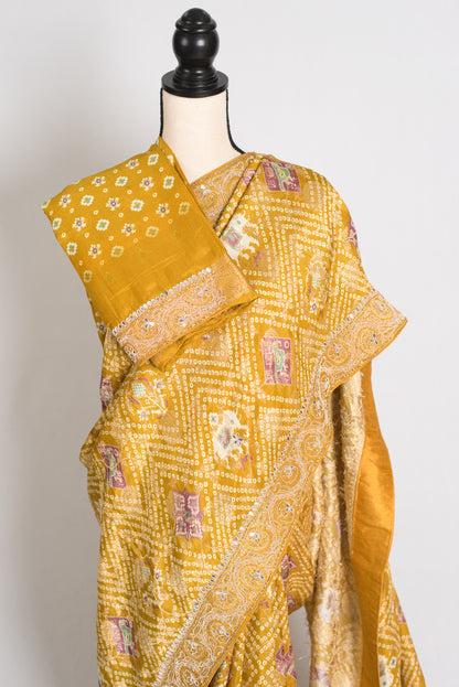 Hiya : Hand Embroidered Petai Zardosi Mirror Work Bandhani Saree in Yellow image 2