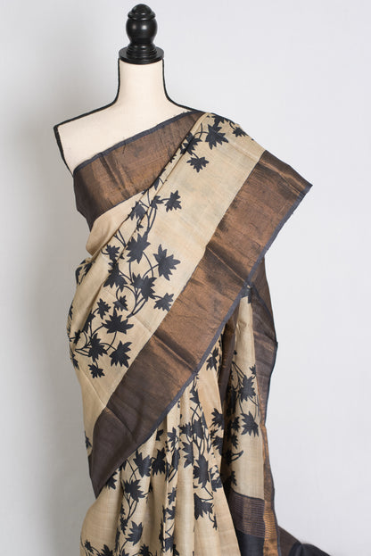 Mira : Printed Tussar Silk Saree in Cream and Black image 6