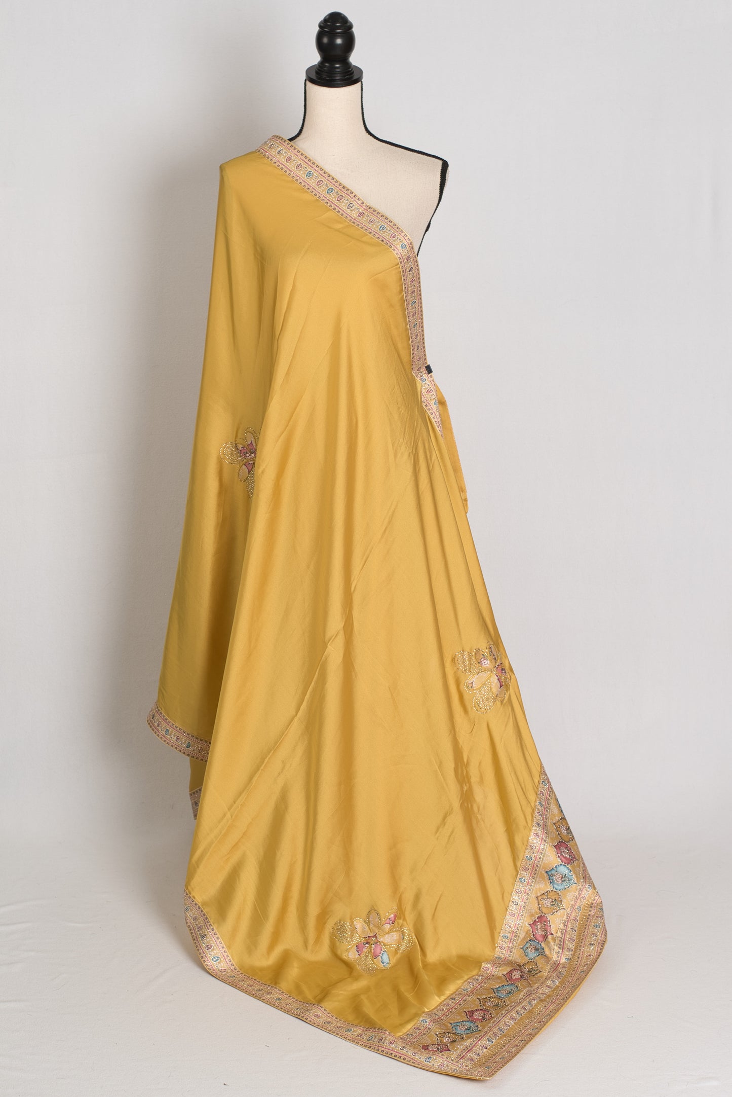 Sanj : Pale Yellow Semi Satin Aplic Work Party Wear Saree image 1