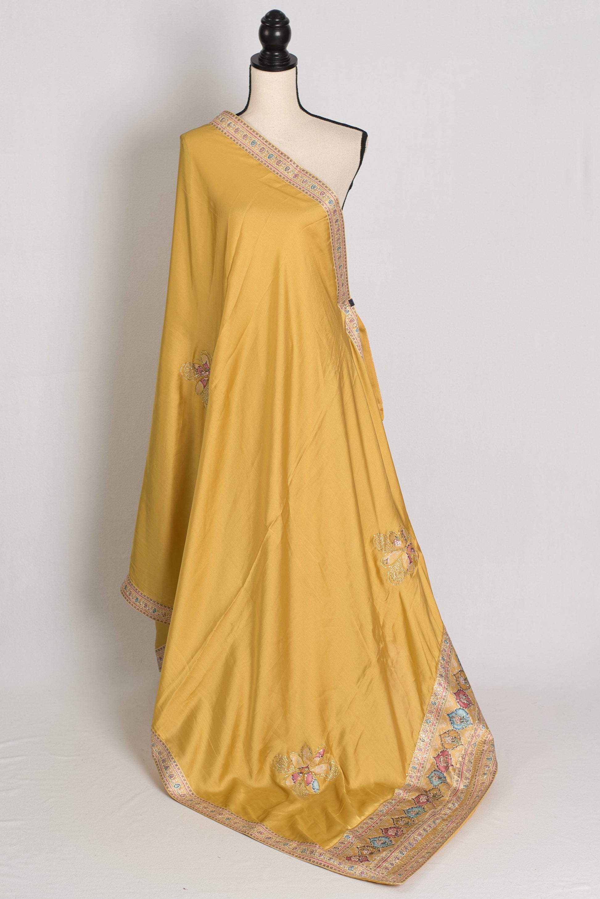 Sanj : Pale Yellow Semi Satin Aplic Work Party Wear Saree image 1