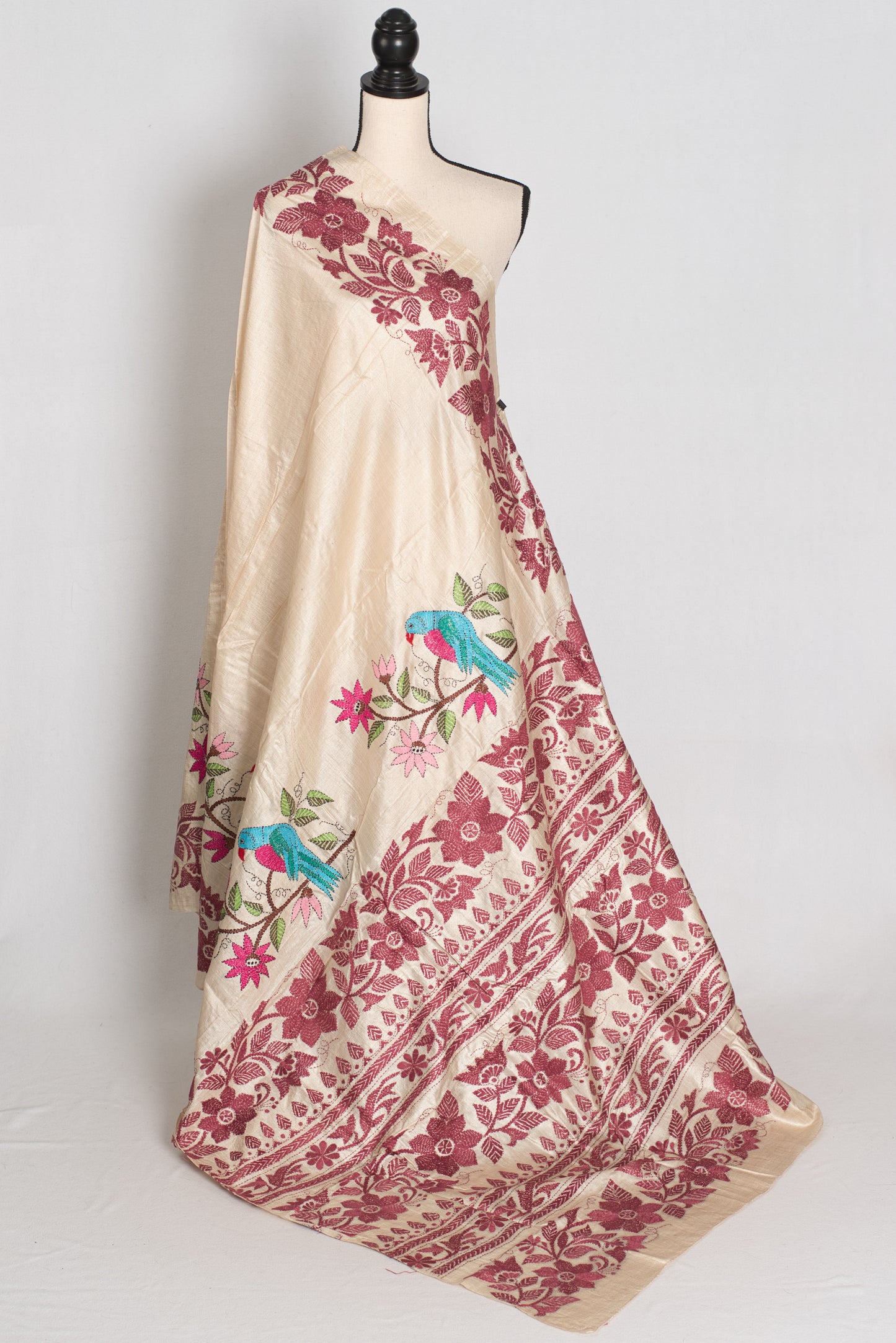 Pritha : Beige and Maroon Hand Embroidered Kantha Stitch Pure Gachi Tussar Saree image 1