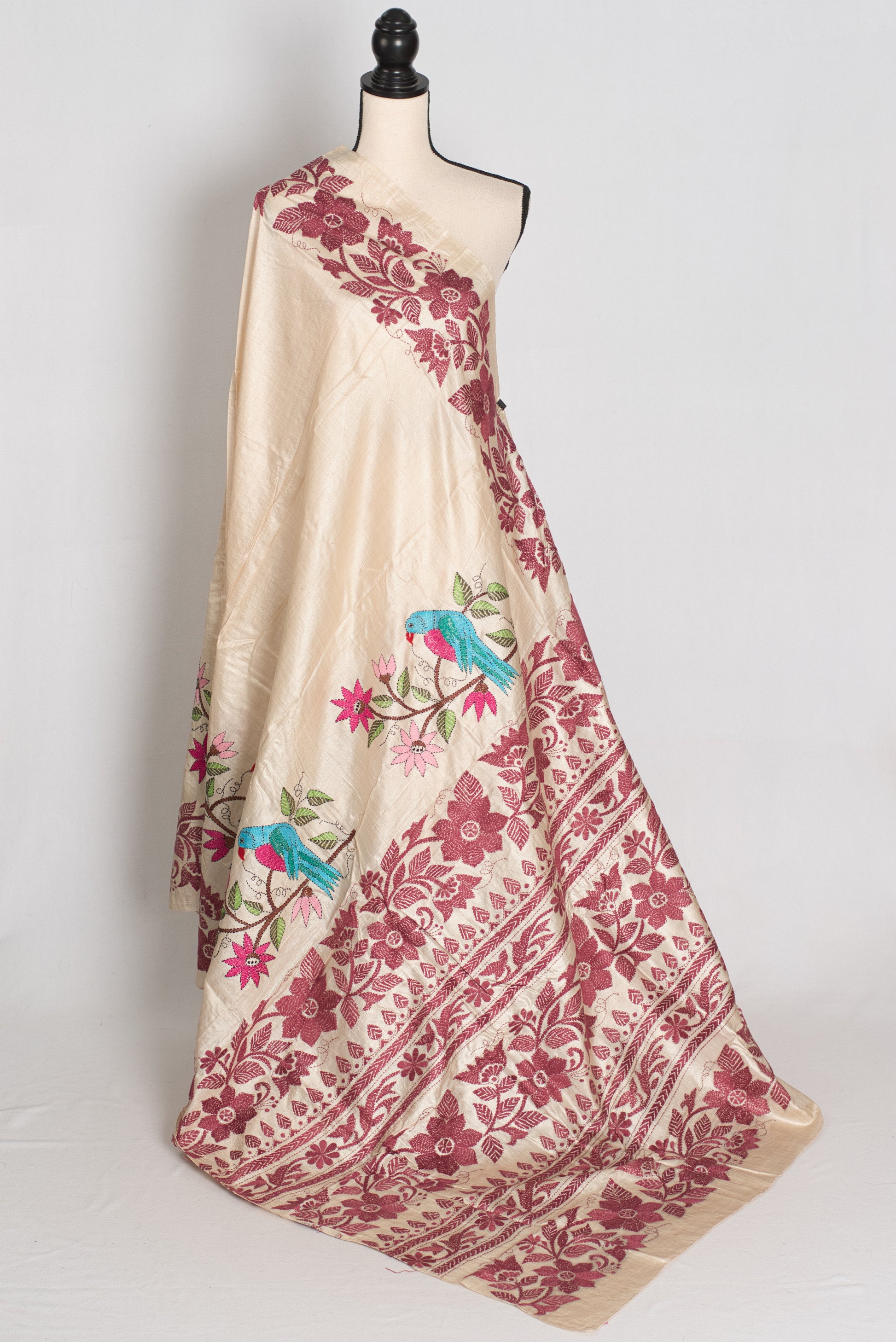 Pritha : Beige and Maroon Hand Embroidered Kantha Stitch Pure Gachi Tussar Saree image 1