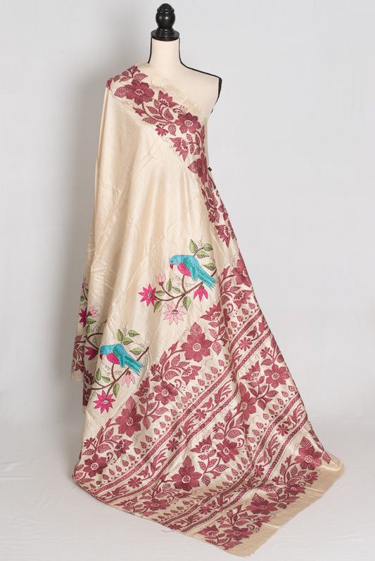 Pritha : Beige and Maroon Hand Embroidered Kantha Stitch Pure Gachi Tussar Saree image 1