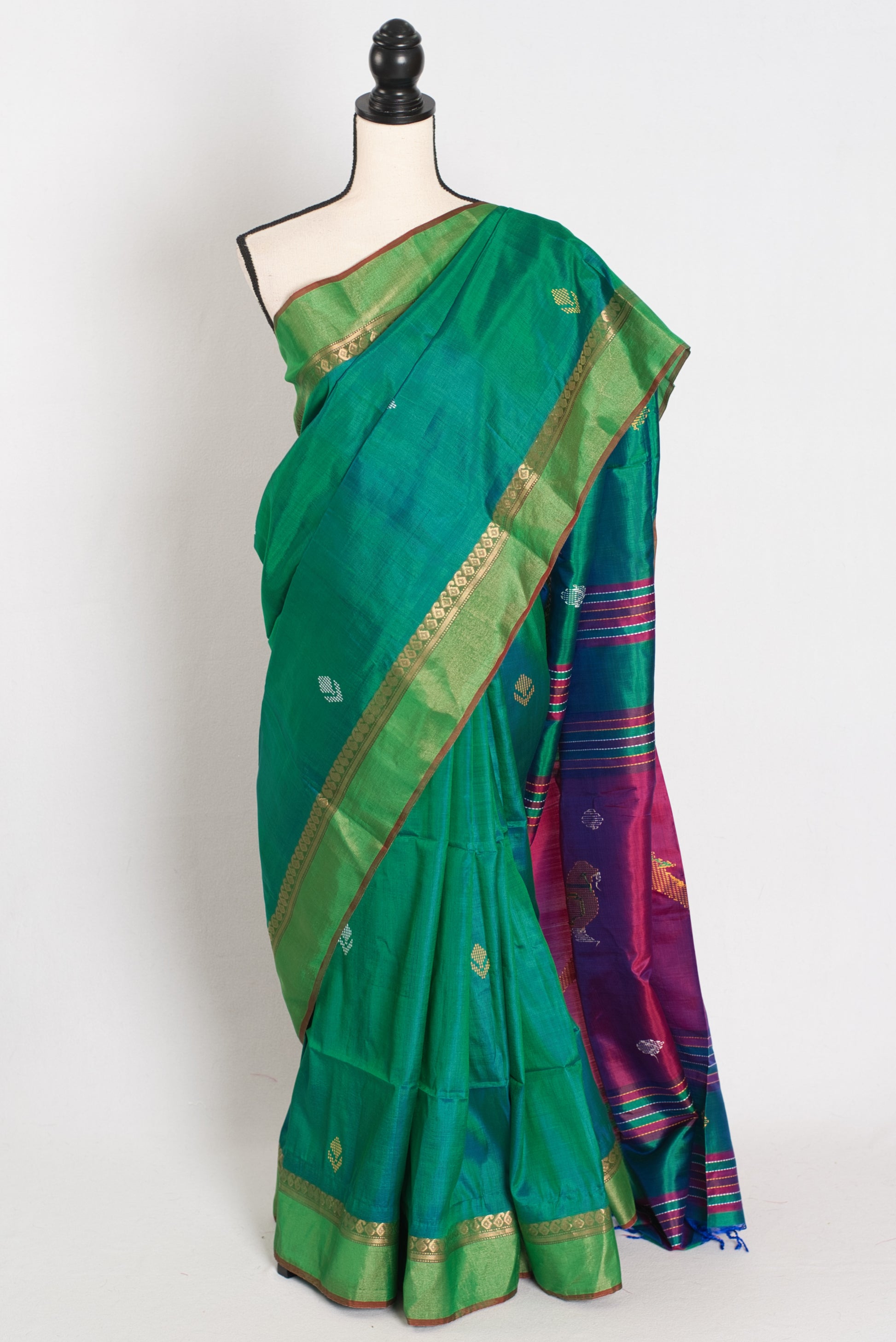 Shalini : Lightweight Bishnupur Katan Silk Saree in Emerald Green and Purple image 0