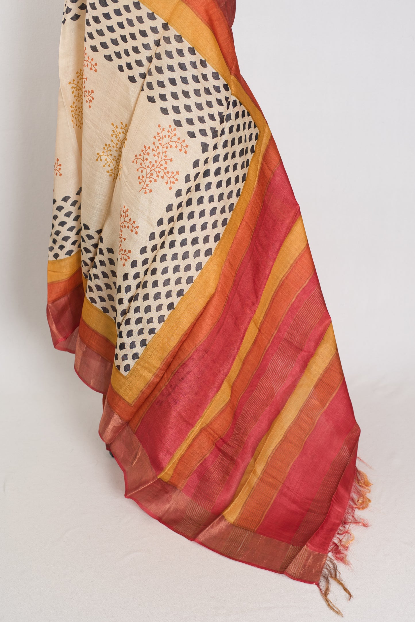 Madhavi: Beige & Rust Hand Block Printed Bengal Tussar Silk Saree image 4
