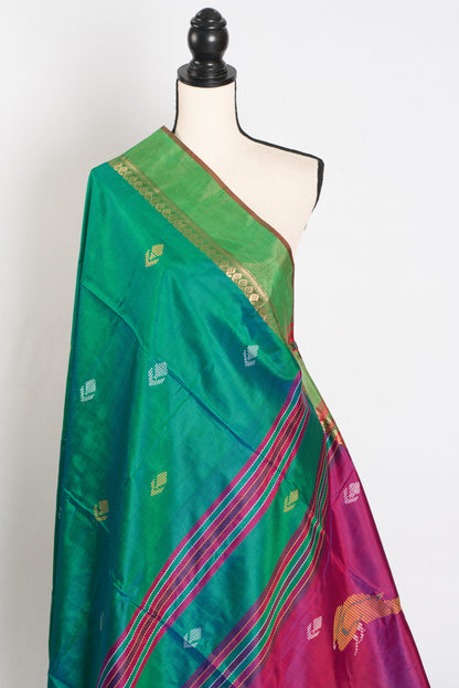 Shalini : Lightweight Bishnupur Katan Silk Saree in Emerald Green and Purple image 4