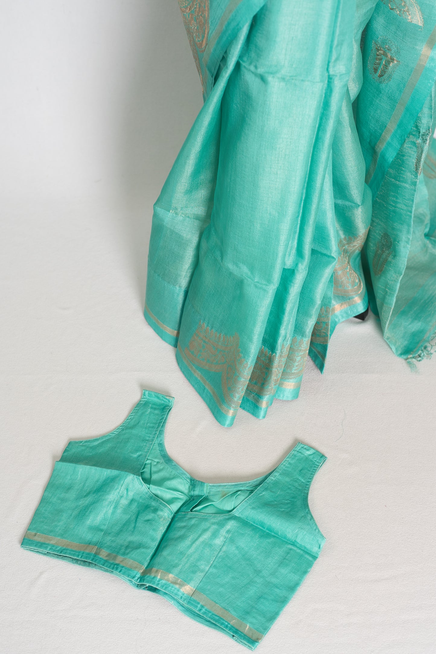 Mani : Sea Green & Gold Bengal Tussar Silk Saree with 36 Size Stitched Blouse image 2