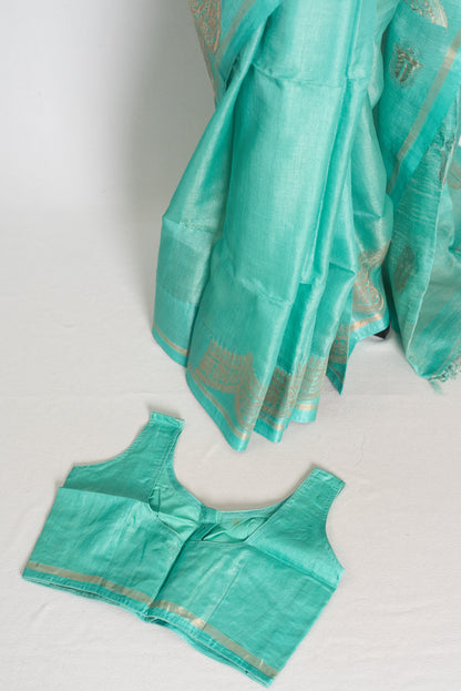 Mani : Sea Green & Gold Bengal Tussar Silk Saree with 36 Size Stitched Blouse image 2