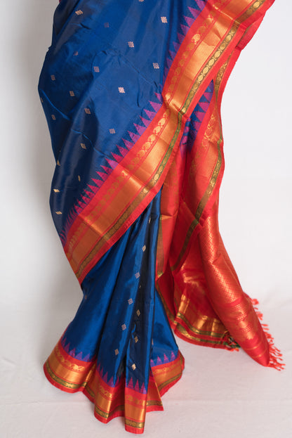 Pooja: Deep Peacock Blue Handloom Gadwal Pure Silk Saree with Red & Gold Zari image 6