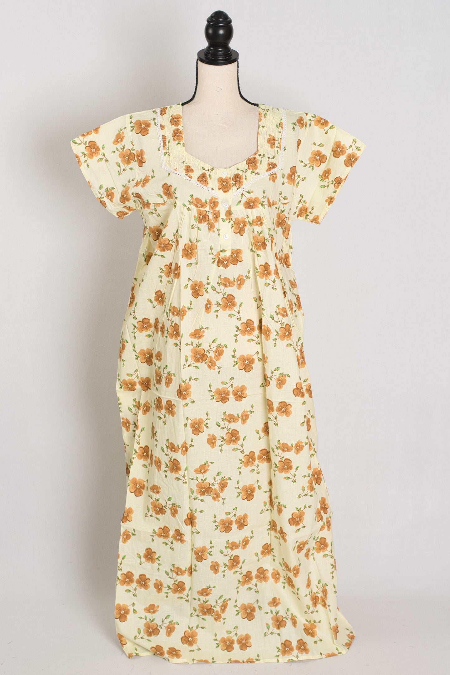 Floral Printed Pale Yellow Women Indian Cotton Nighty in Regular Size image 1