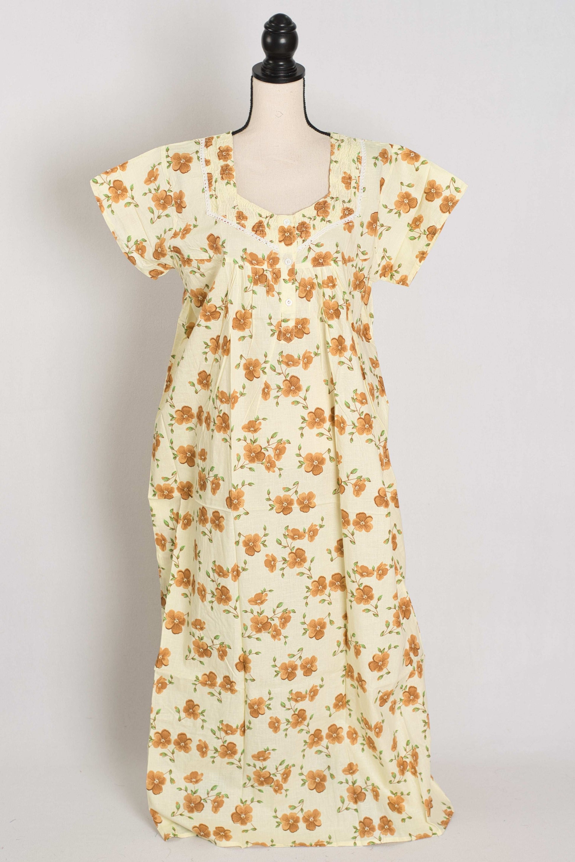 Floral Printed Pale Yellow Women Indian Cotton Nighty in Regular Size image 1