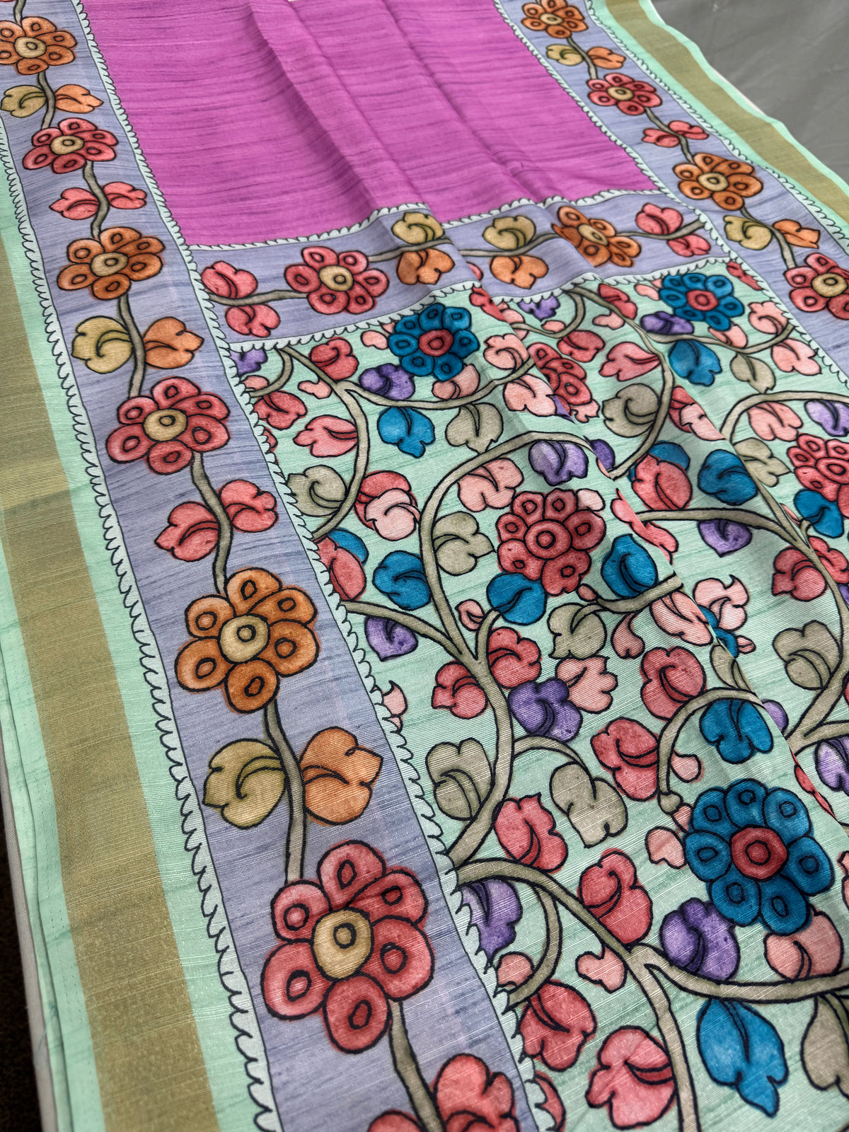 Neha: Vibrant Pink & Grey Semi Tussar Silk Saree | Floral Kalamkari Print image 3