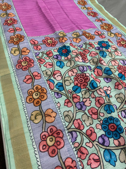 Neha: Vibrant Pink & Grey Semi Tussar Silk Saree | Floral Kalamkari Print image 3
