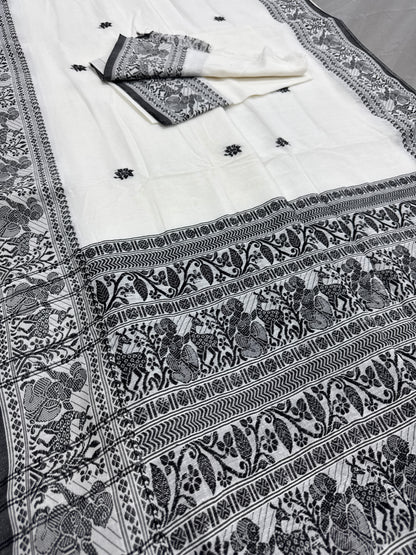 Nandini : Off-White and Black Soft Cotton Baluchari Saree with Blouse Piece image 3
