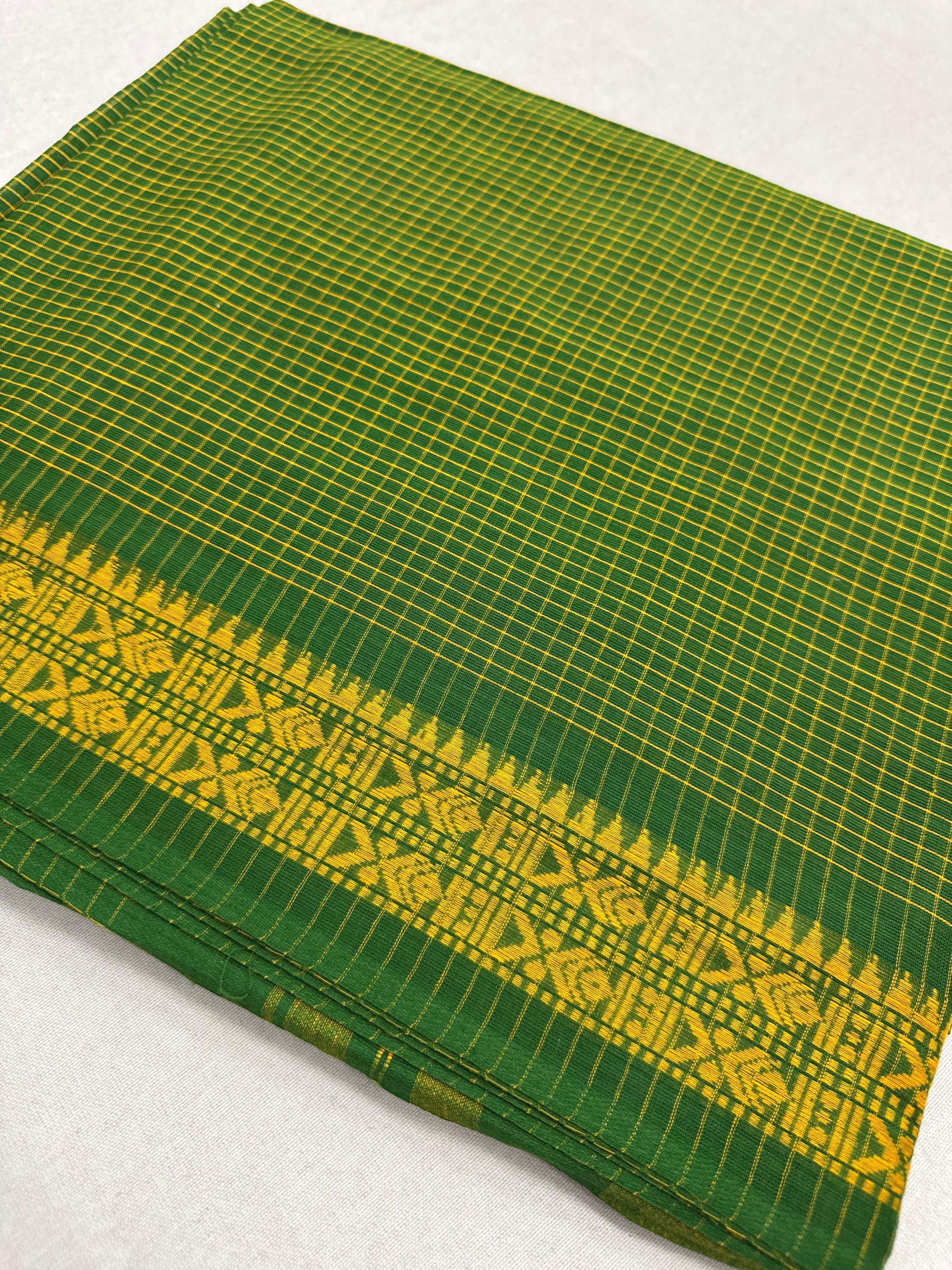 Gayetri : Green and Yellow Micro Checks Soft Cotton Dhaniakhali Saree image 7