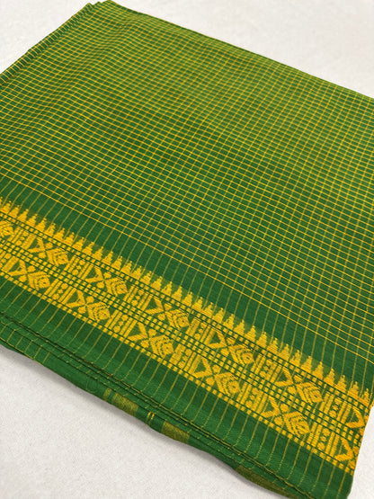 Gayetri : Green and Yellow Micro Checks Soft Cotton Dhaniakhali Saree image 7