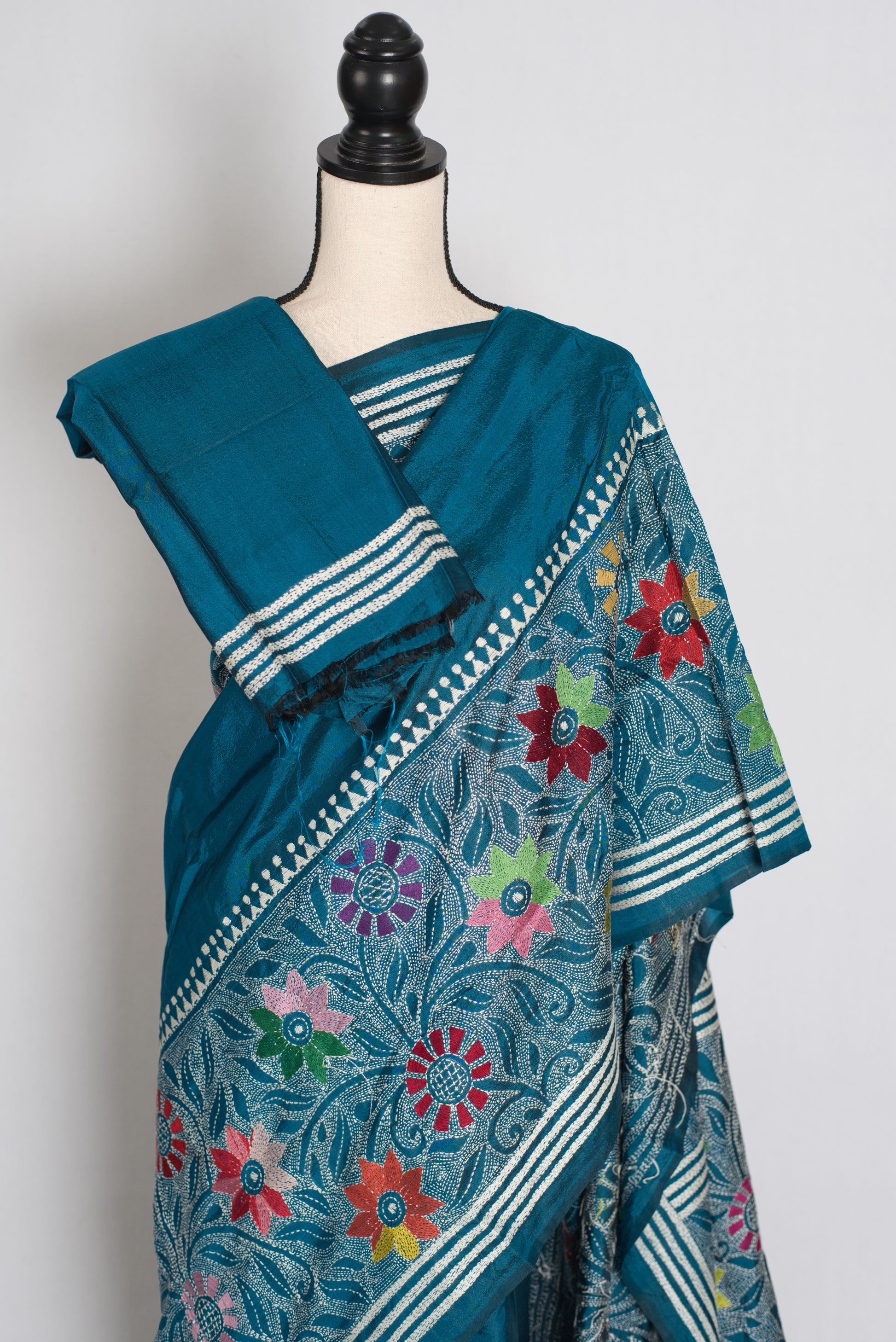 Dhriti : Teal Blue Hand Embroidered Kantha Stitch Pure Bangalore Silk Saree image 2