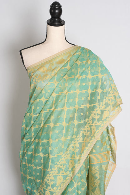 Pastel Green and Beige Jamdani saree — drape view