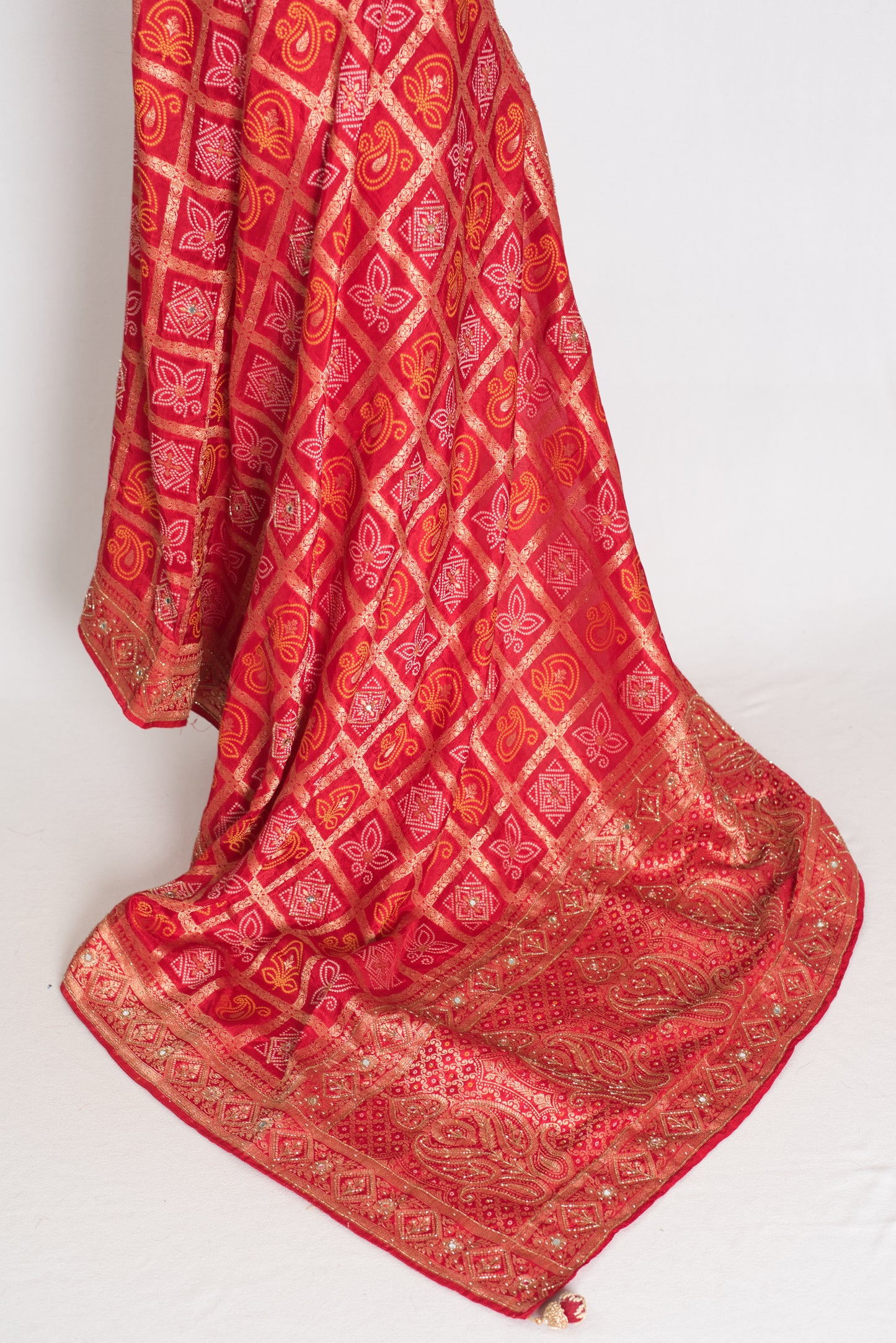 Radha | Red Dola Silk Gharchola Banarasi Saree | Hand-Embroidered Border & Pallu image 3