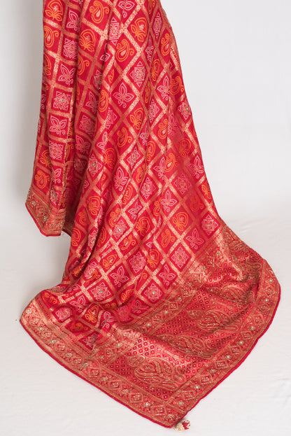 Radha | Red Dola Silk Gharchola Banarasi Saree | Hand-Embroidered Border & Pallu image 3