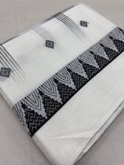 Maya : Off White and Black Soft Cotton Dhaniakhali Saree with Temple Border image 0
