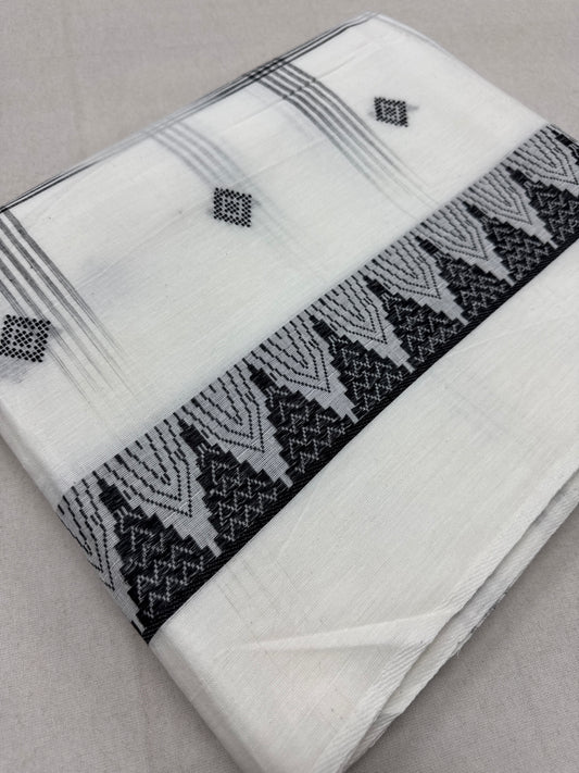 Maya : Off White and Black Soft Cotton Dhaniakhali Saree with Temple Border image 0