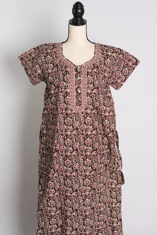 Pure Cotton Brown Kalamkari Printed Indian Nighty in Regular Size image 0