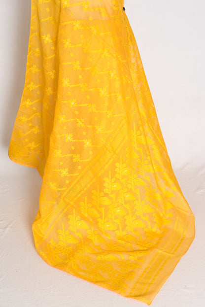 Juhi : Bright Yellow Soft Blended Cotton Jamdani Saree image 4
