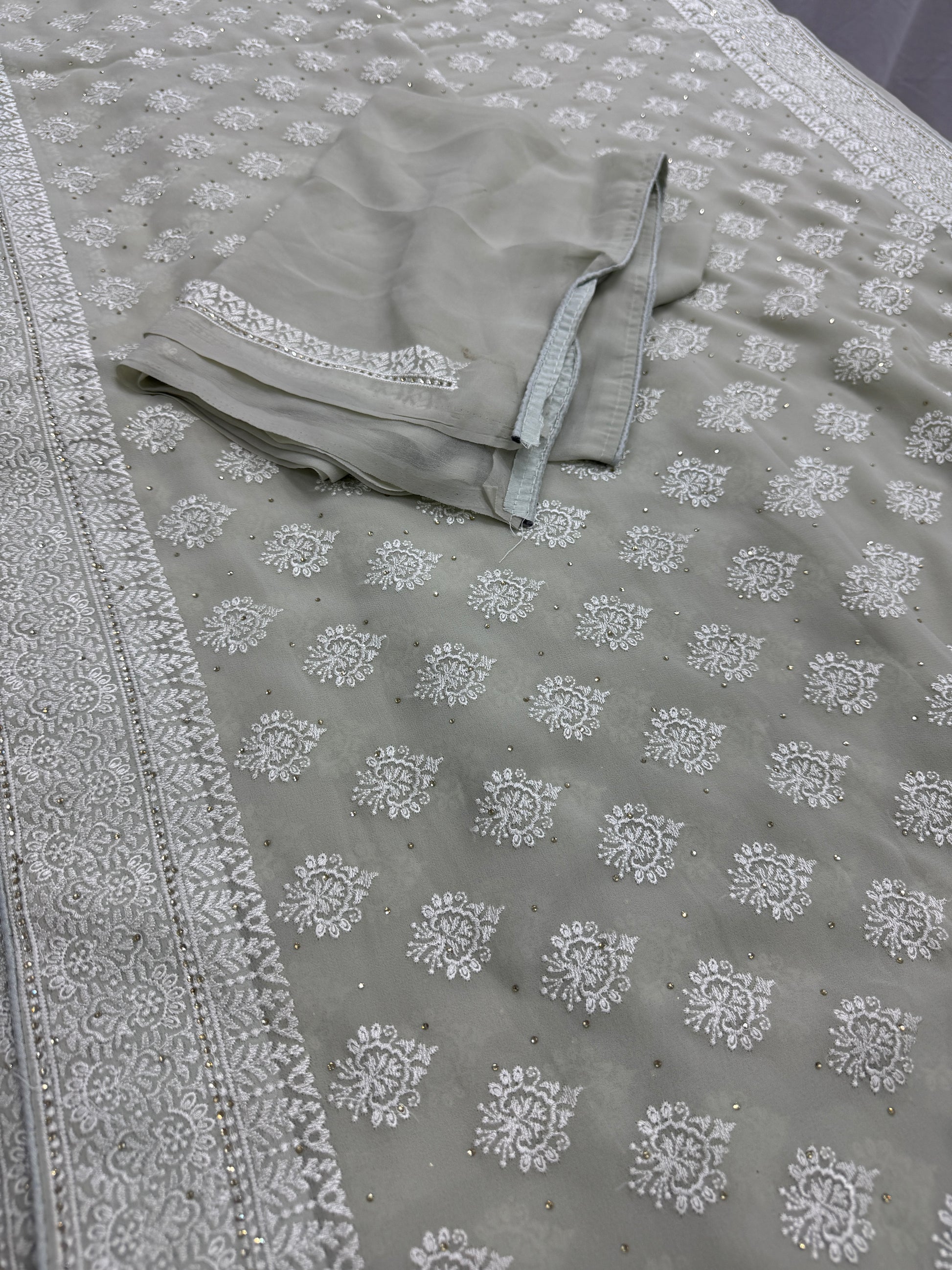 Medha | Sage Green Georgette Cocktail Saree | Elegant Pastel Floral Bootis image 2