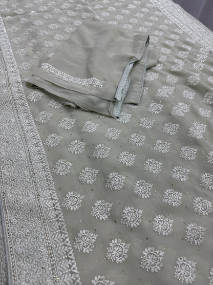 Medha | Sage Green Georgette Cocktail Saree | Elegant Pastel Floral Bootis image 2