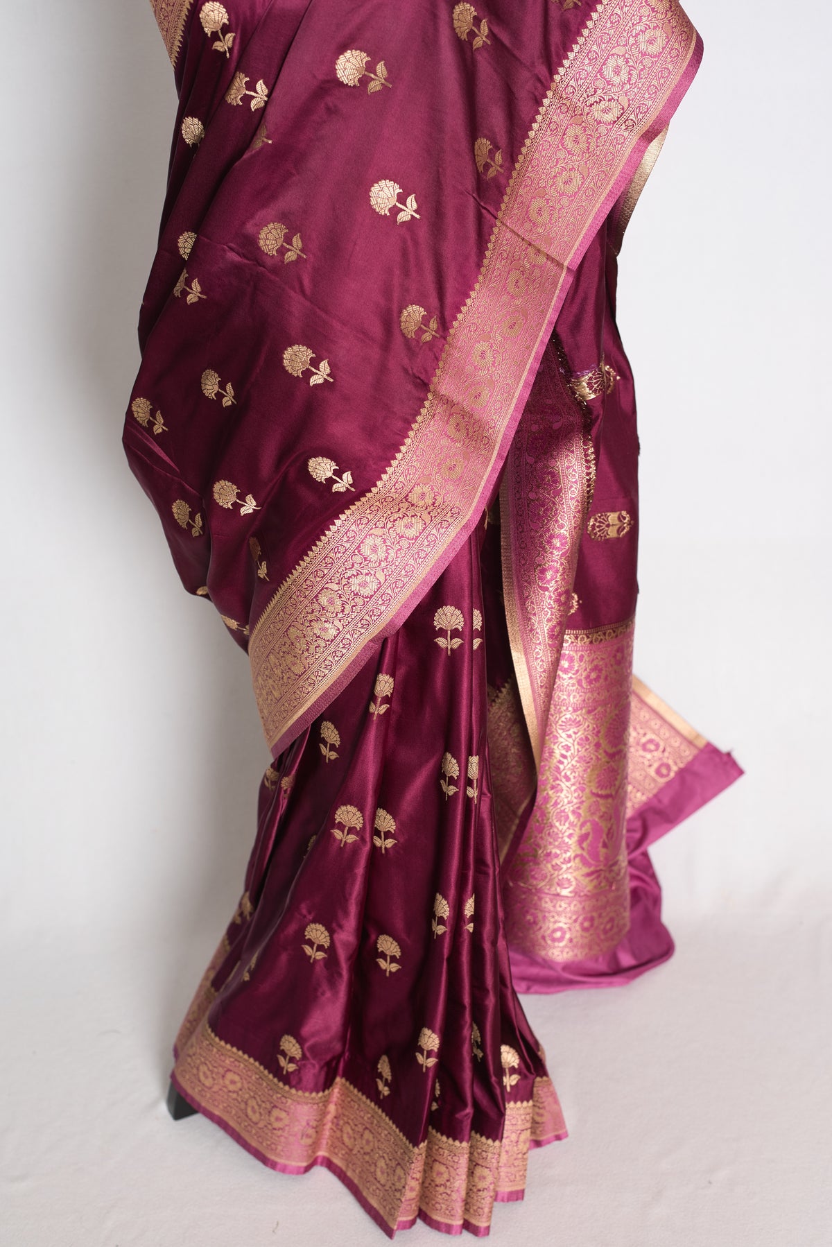 Ritaja : Deep Wine and Pink Semi Mashru Banarasi Silk Saree with 42 Size Blouse image 7