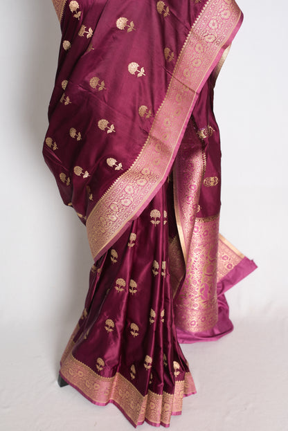 Ritaja : Deep Wine and Pink Semi Mashru Banarasi Silk Saree with 42 Size Blouse image 7