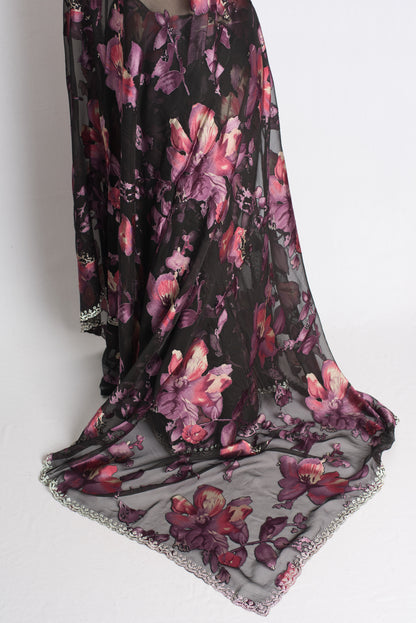 Velvet Mist - Black Floral Brasso Saree with Feather-light Drape image 4