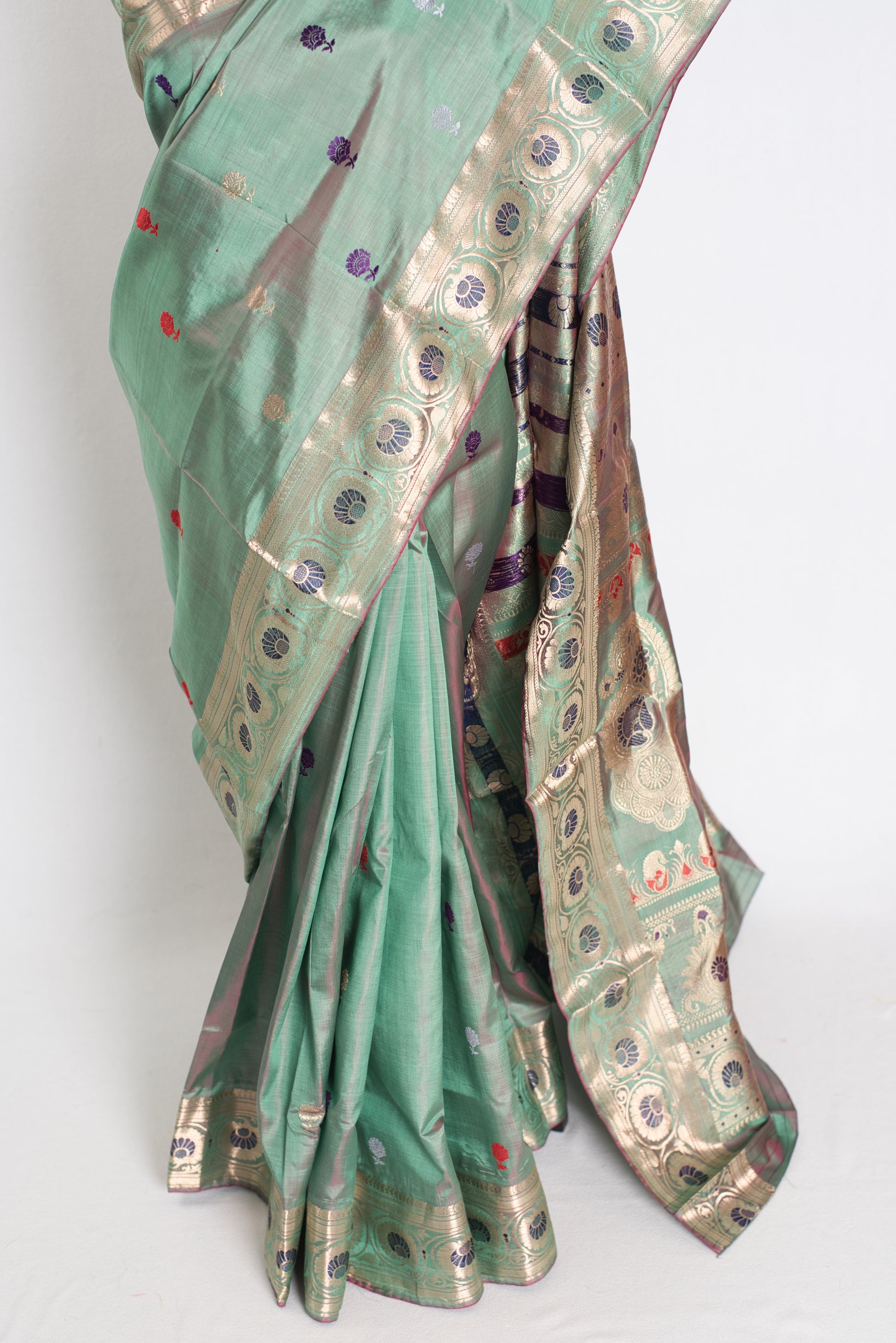 Aahiri : Heritage Revival Baluchari Silk Saree from Bengal  in English Green image 5
