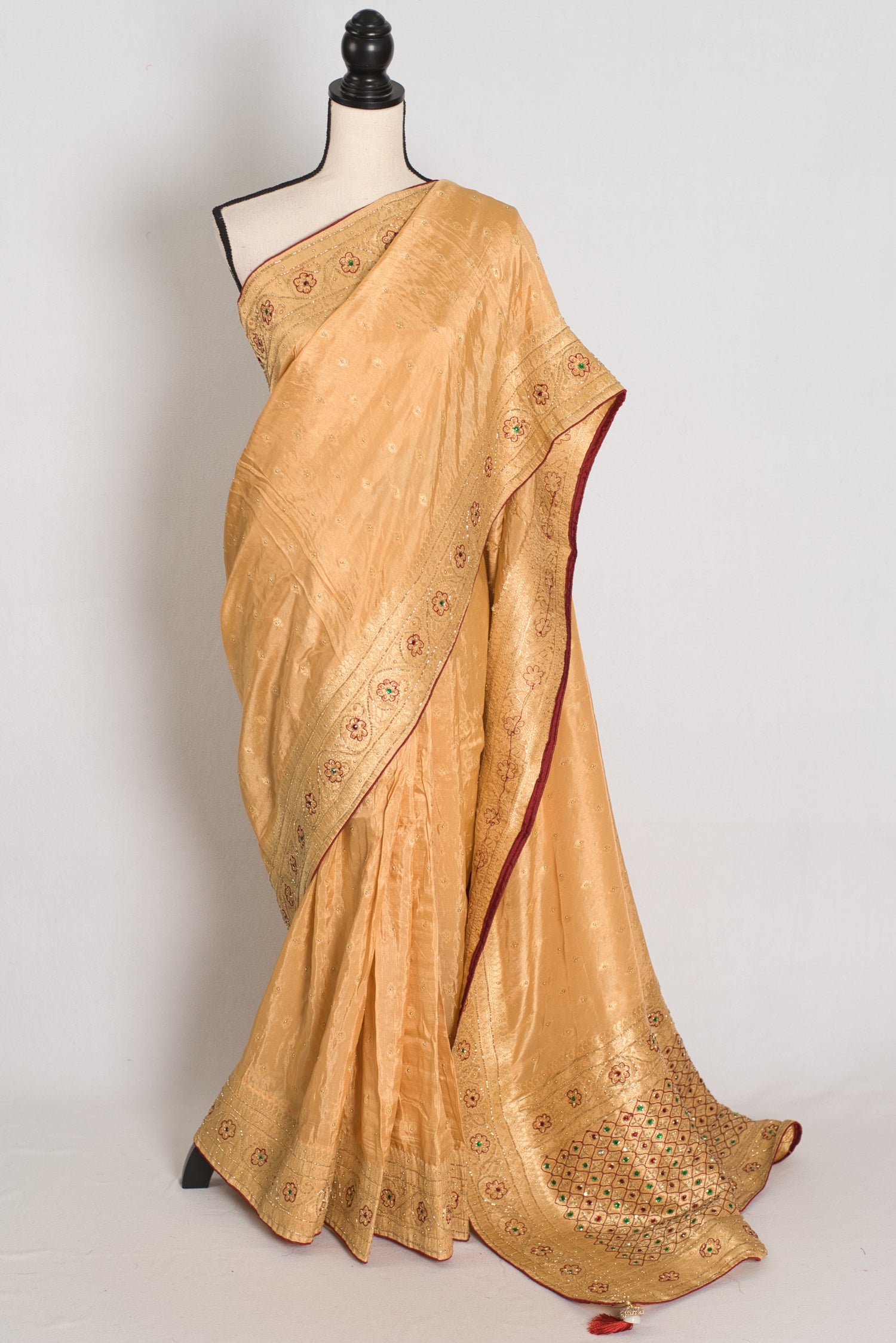 Benu : Beige and Gold Dola Silk Banarasi Saree with Hand-Embroidered Work image 0