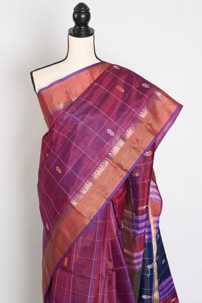 Parvati : Bishnupur Katan Silk Checks Kalakshetra Saree in Purple image 6