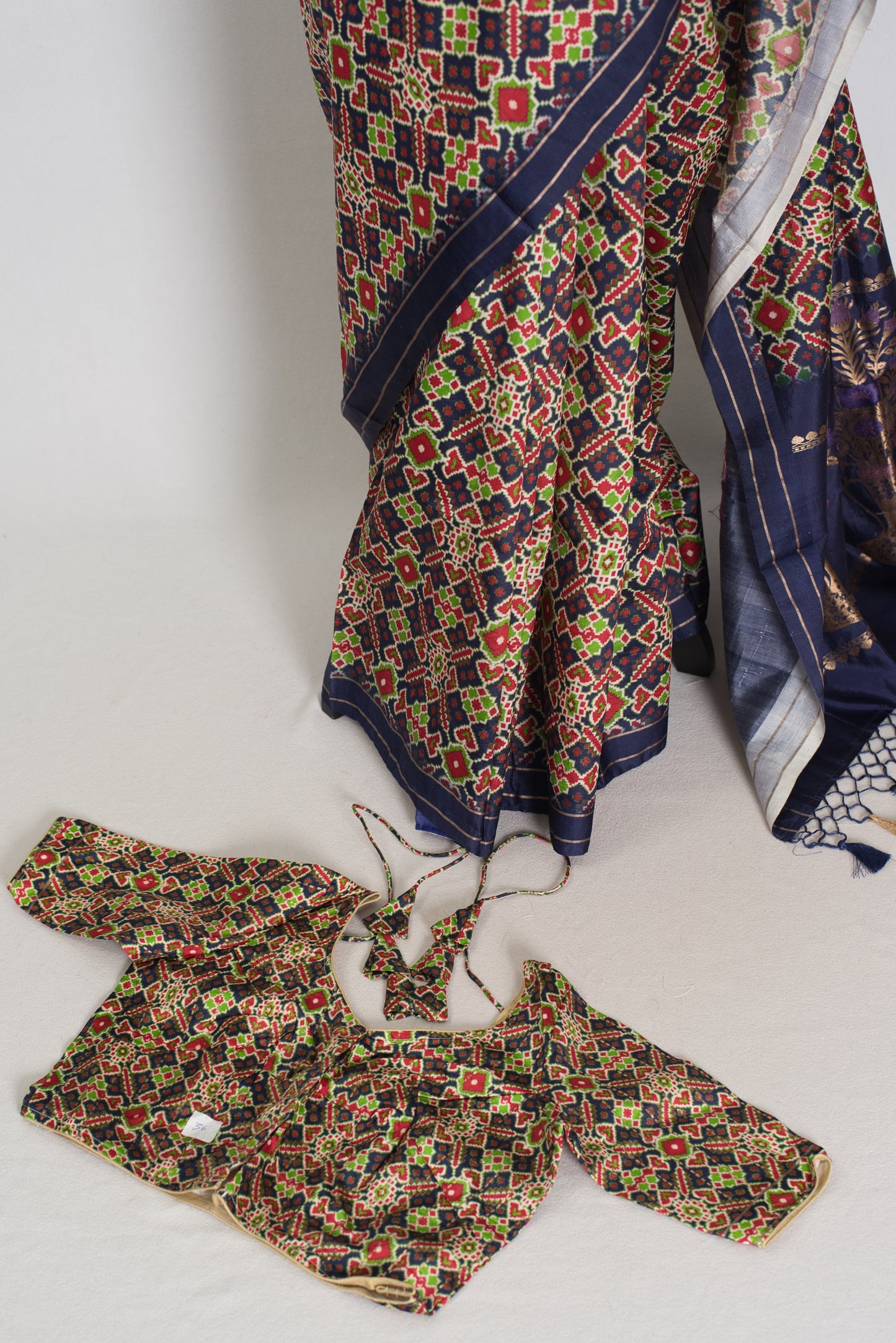 Leela : Navy Blue Ikkat Print Banarasi Silk Saree – with 36 Size Blouse image 1