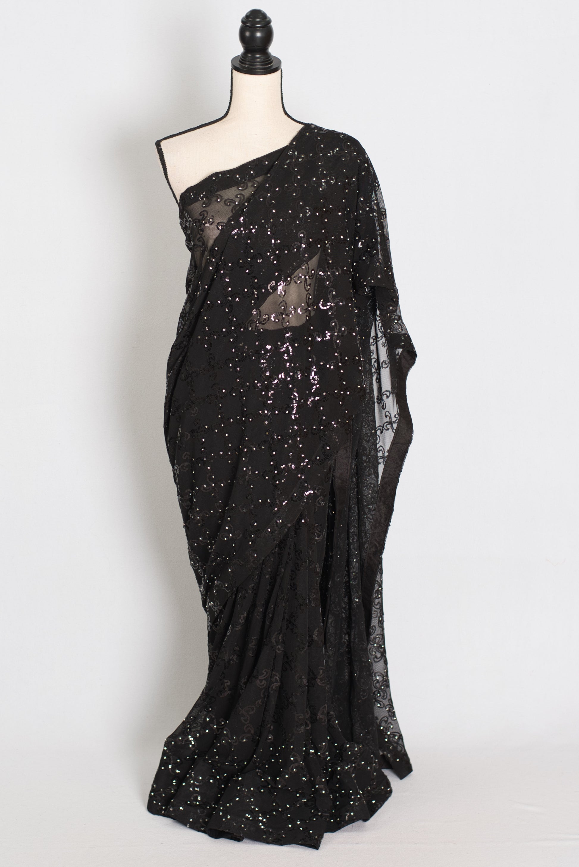 Kajaal | Black Soft Net Fitted Cocktail Saree| Sequins & Stone Embellishments image 0