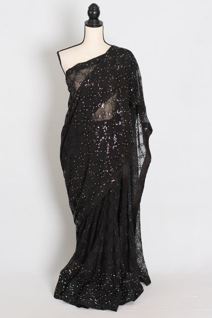 Kajaal | Black Soft Net Fitted Cocktail Saree| Sequins & Stone Embellishments image 0